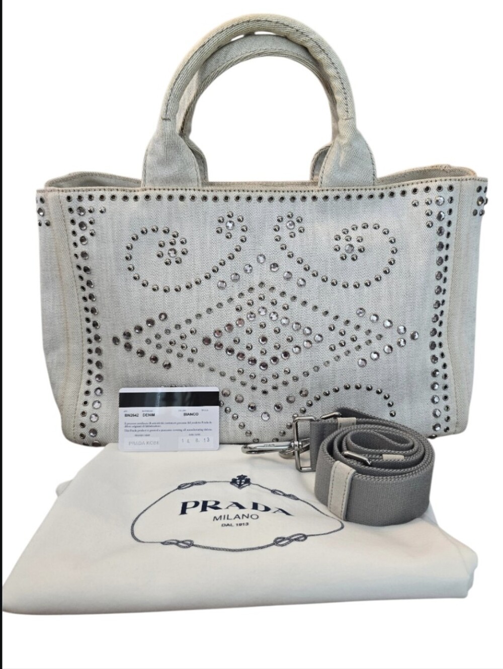 Prada Crystal Studded Lg Canapa Denim Tote Full Inclusion in EUC